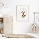 Watercolor beige vintage deer with beige polka dots background for gender neutral nursery decor, victorian nursery decor, beige white nursery decor, rococo nursery decor, luxury nursery decor, baroque nursery decor.