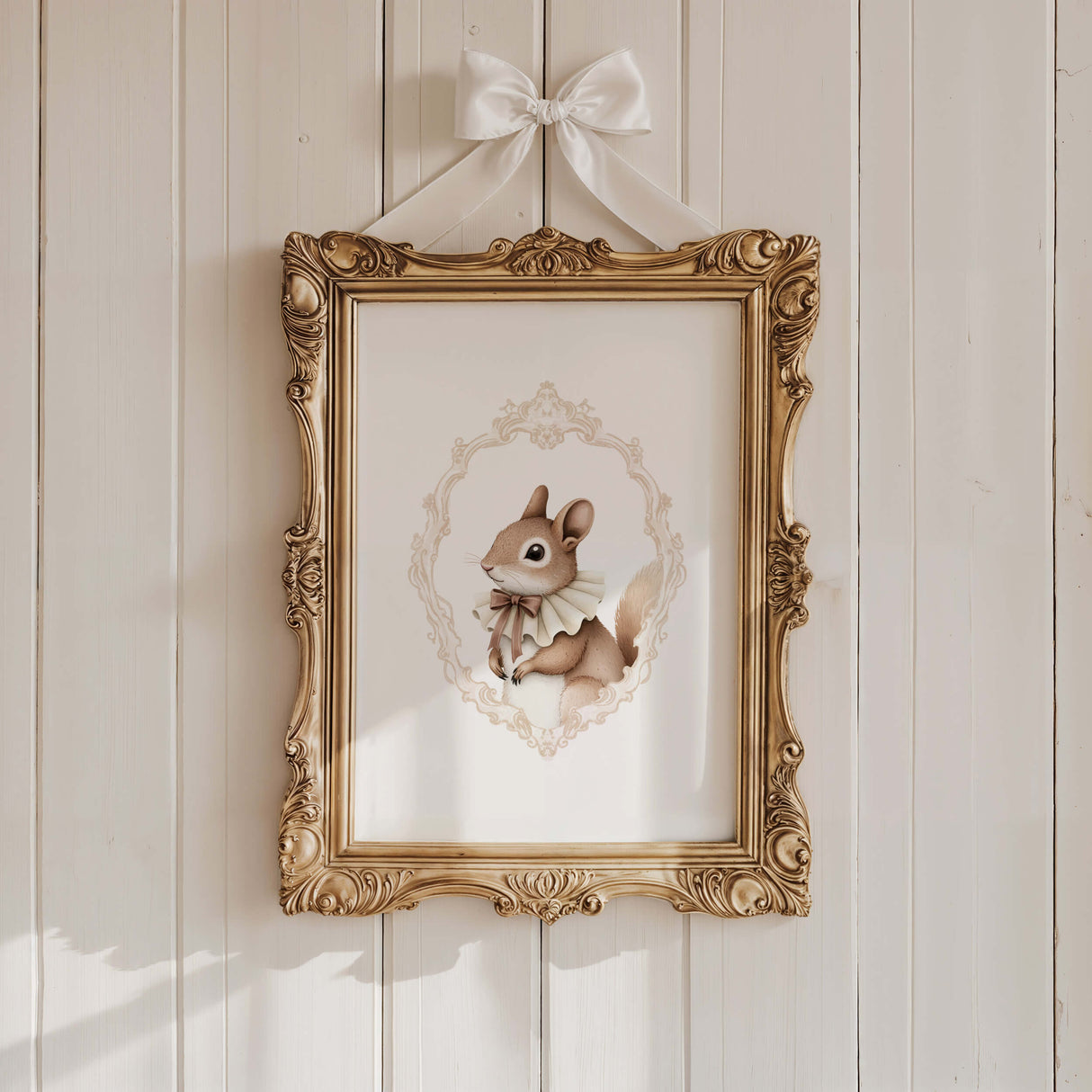 Watercolor beige vintage squirrel portrait with beige baroque crest print for gender neutral nursery decor, victorian nursery decor, beige white nursery decor, rococo nursery decor, luxury nursery decor, baroque nursery decor.