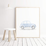 Watercolor blue vintage cars printable for baby boys room decor, toddler room decor, blue gray nursery decor.
