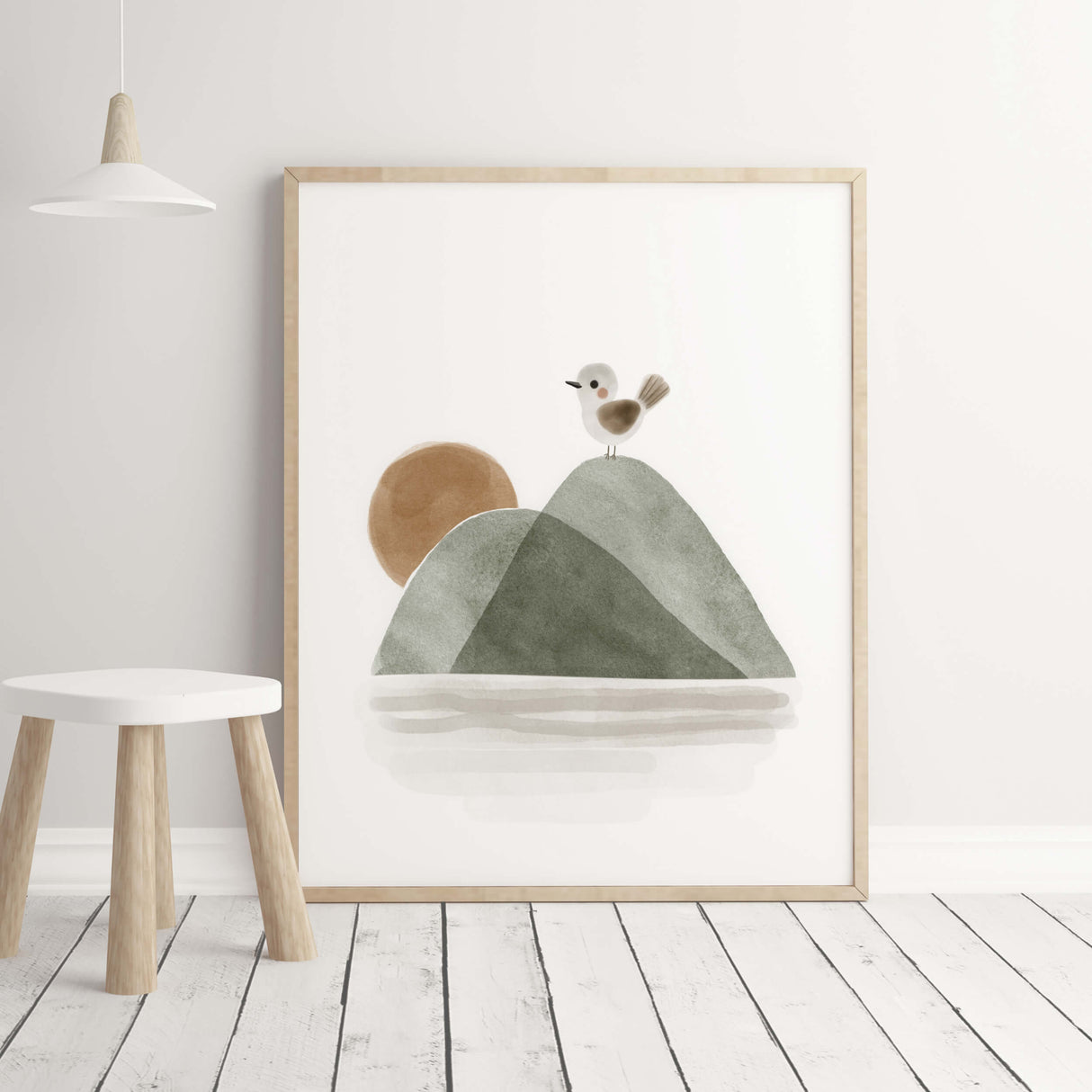 Watercolor boho woodland with bird and sunrise, moutain printable in sage green, brown, gray for gender neutral nursery decor.