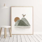 Watercolor boho woodland with bird and sunrise, moutain printable in sage green, brown, gray for gender neutral nursery decor.