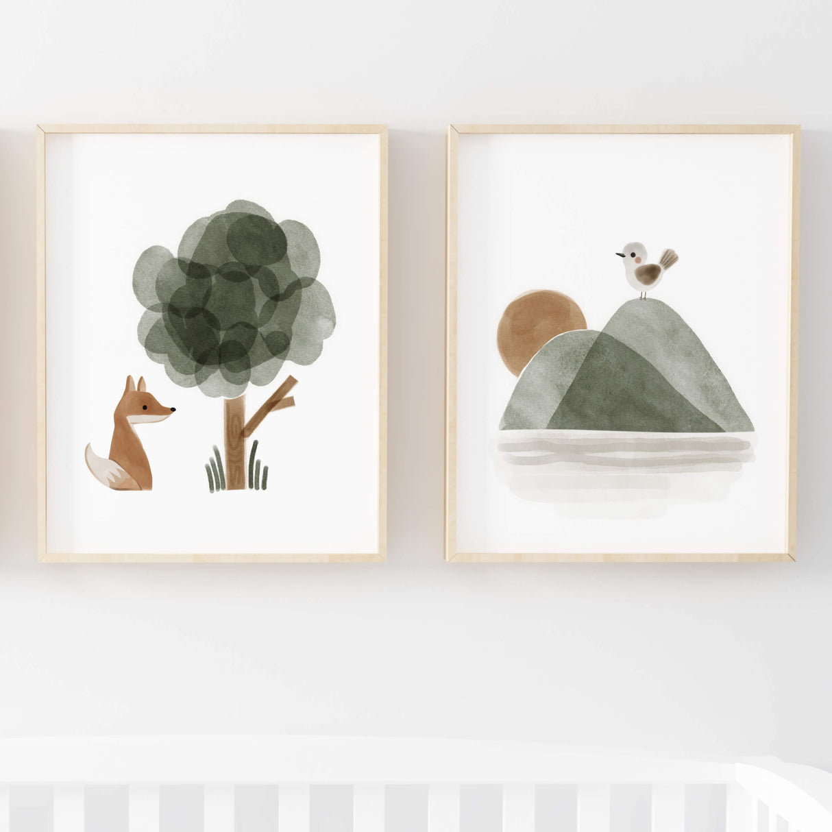 Watercolor boho woodland with fox, bird, tree, sunrise, moutain print in sage green, brown, gray for gender neutral nursery decor. 