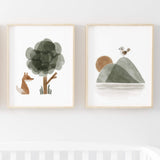 Watercolor boho woodland with fox, bird, tree, sunrise, moutain print in sage green, brown, gray for gender neutral nursery decor. 