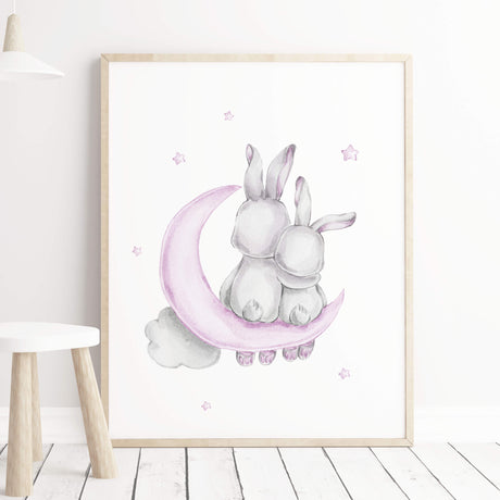 Watercolor bunny print in gray and purple, lilac colors for baby girls room decor