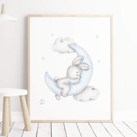 Watercolor bunny print in light blue and gray colors for baby boys room decor and toddler room decor, blue gray nursery decor.