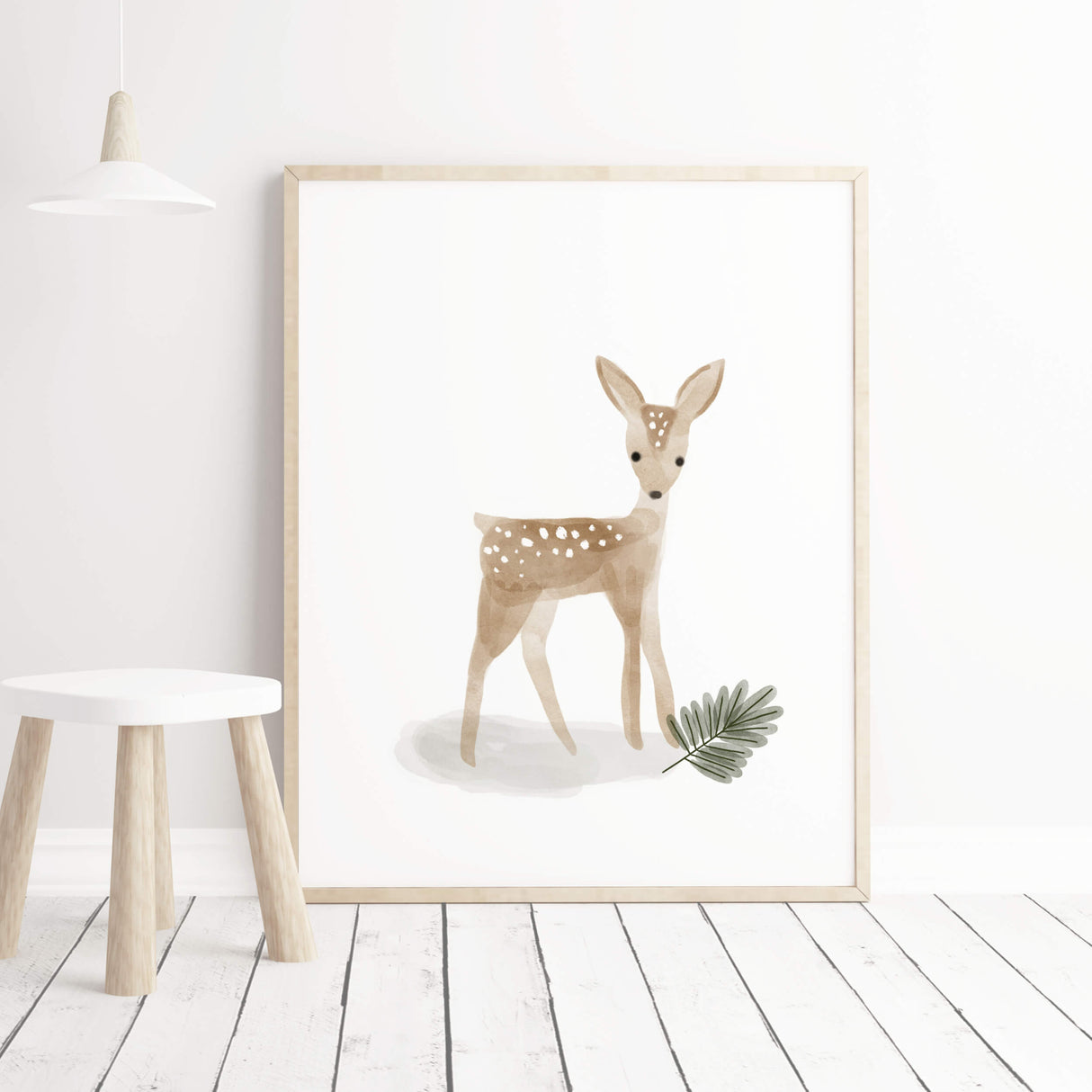Watercolor deer with leaf print for boho gender neutral nursery decor.