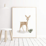 Watercolor deer with leaf print for boho gender neutral nursery decor.