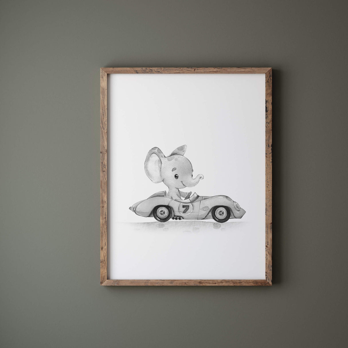 Watercolor gray vintage cars print with elephant for toddler room decor, baby room decor, kids room decor.