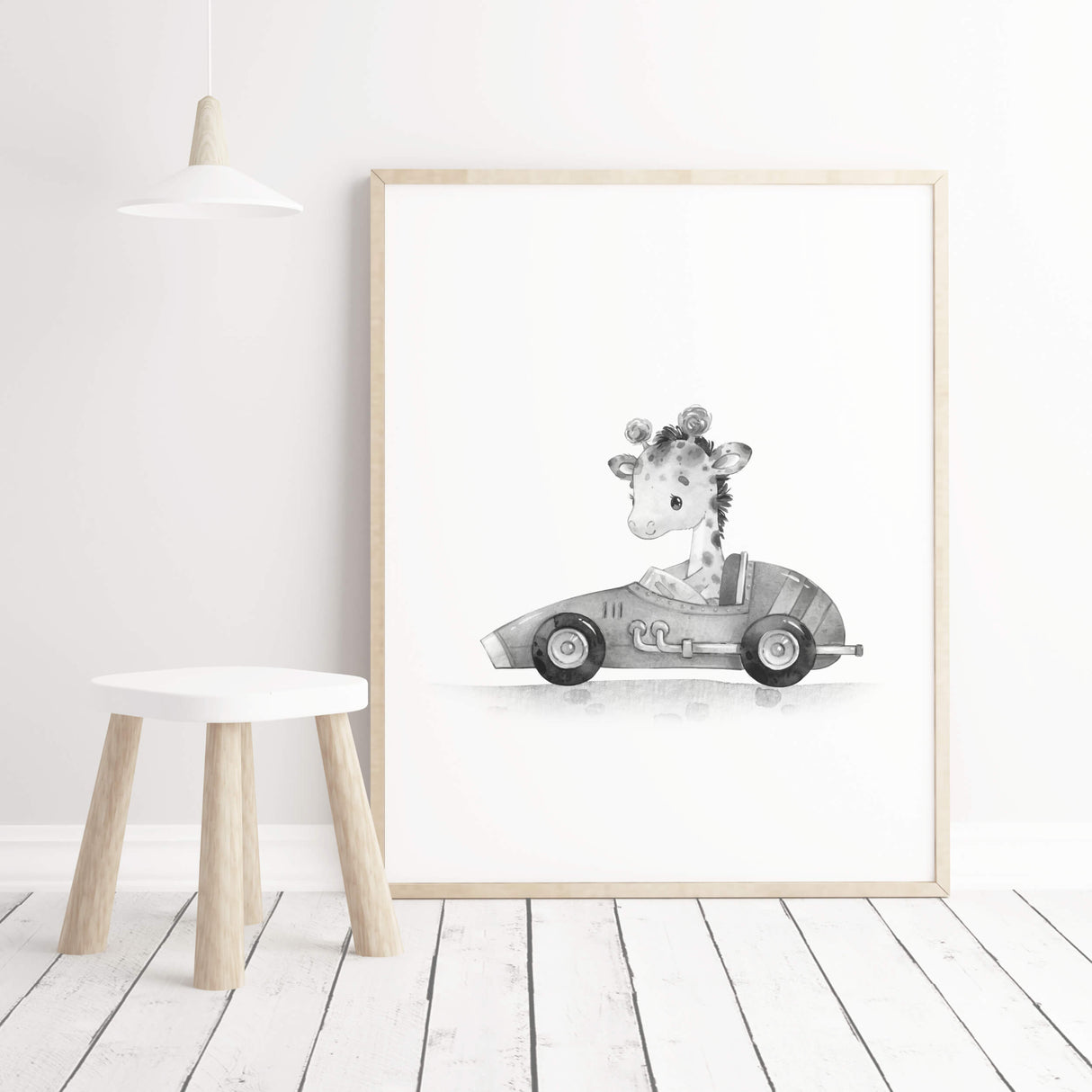 Watercolor gray vintage cars print with giraffe for toddler room decor, baby room decor, kids room decor.