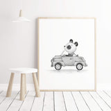 Watercolor gray vintage cars print with panda for toddler room decor, baby room decor, kids room decor.