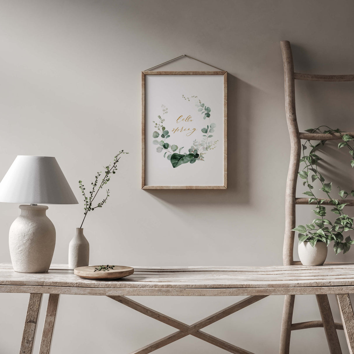Watercolor hello spring greenery wreath print with eucalyptus and sage green hello spring quote for spring home decor, botanical home decor, greenery home decor, sage green home decor.