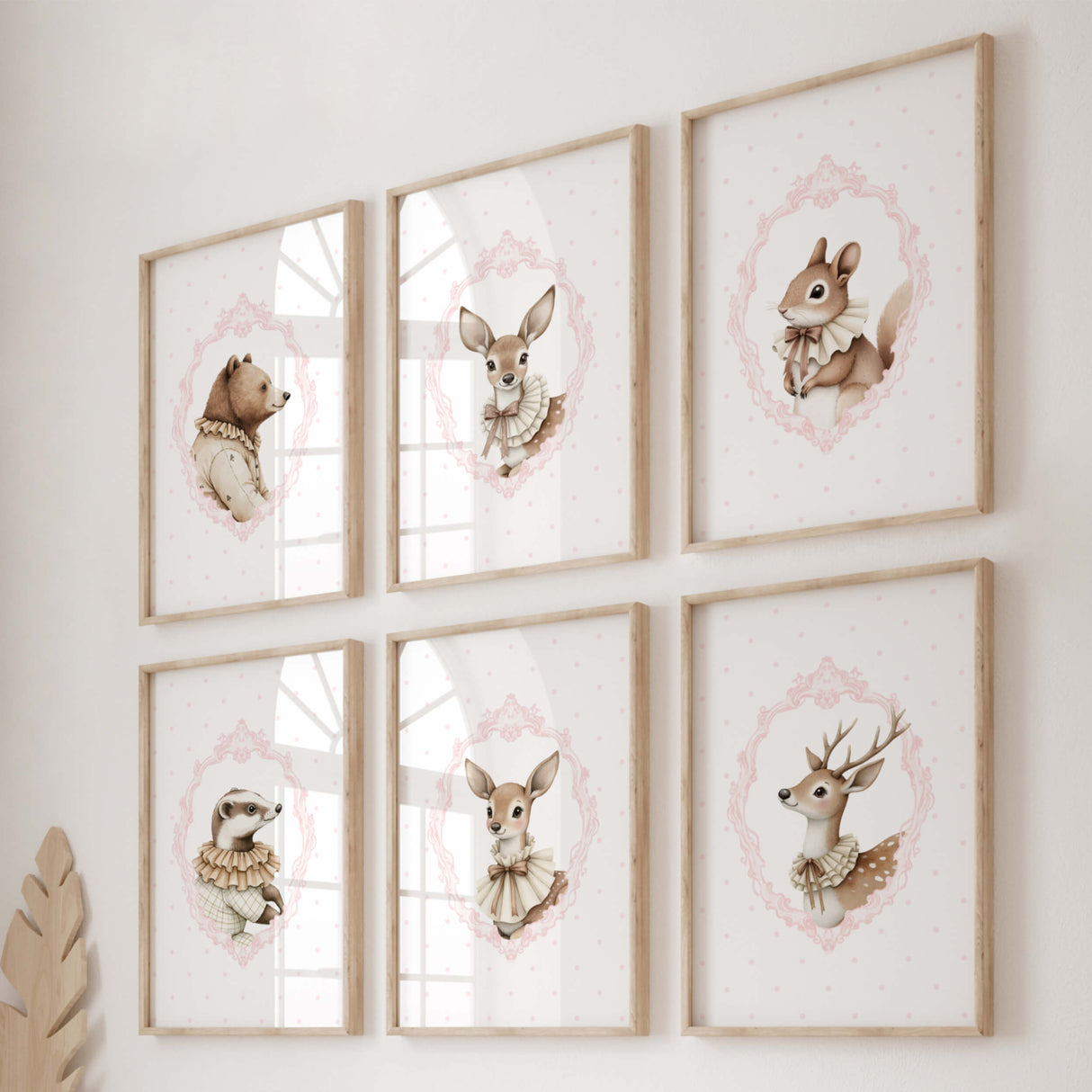 Watercolor pink beige vintage animal with pink polka dots background print for baby girls room decro, victorian nursery decor, pink nursery decor, rococo nursery decor, luxury nursery decor, baroque nursery decor, includes animals: deer, bear, squirrel, badger.