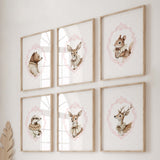 Watercolor pink beige vintage animal with pink polka dots background print for baby girls room decro, victorian nursery decor, pink nursery decor, rococo nursery decor, luxury nursery decor, baroque nursery decor, includes animals: deer, bear, squirrel, badger.