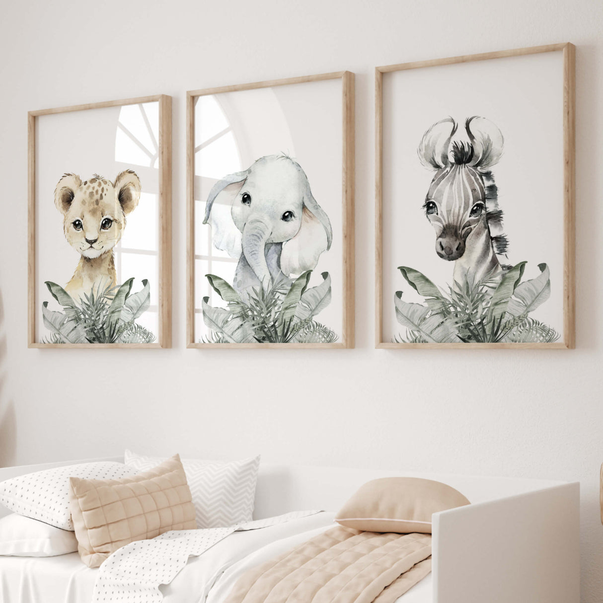 Watercolor safari animal with leaves printable  beige, gray, sage green colors for gender neutral nursery decor, boho nursery decor, baby boys room decor, baby girls room decor, animals: lion, elephant,zebra.