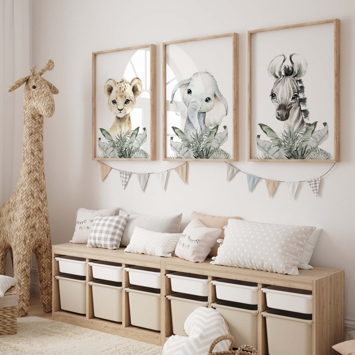 Watercolor safari animal with leaves print in beige, gray, sage green colors for gender neutral nursery decor, boho nursery decor, baby boys room decor, baby girls room decor, animals: lion, elephant,zebra.