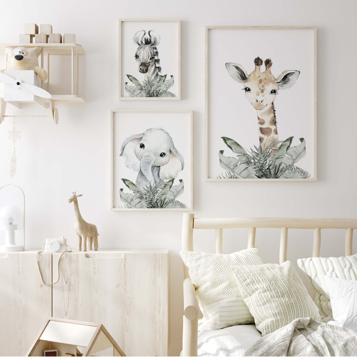 Watercolor safari animal with leaves print in beige, gray, sage green colors for gender neutral nursery decor, boho nursery decor, baby boys room decor, baby girls room decor, animals: lion, elephant,zebra.