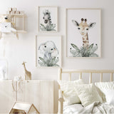 Watercolor safari animal with leaves print in beige, gray, sage green colors for gender neutral nursery decor, boho nursery decor, baby boys room decor, baby girls room decor, animals: lion, elephant,zebra.