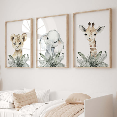Watercolor safari animal with leaves printable in beige, gray, sage green colors for gender neutral nursery decor, boho nursery decor, baby boys room decor, baby girls room decor, animals: lion, elephant, giraffe