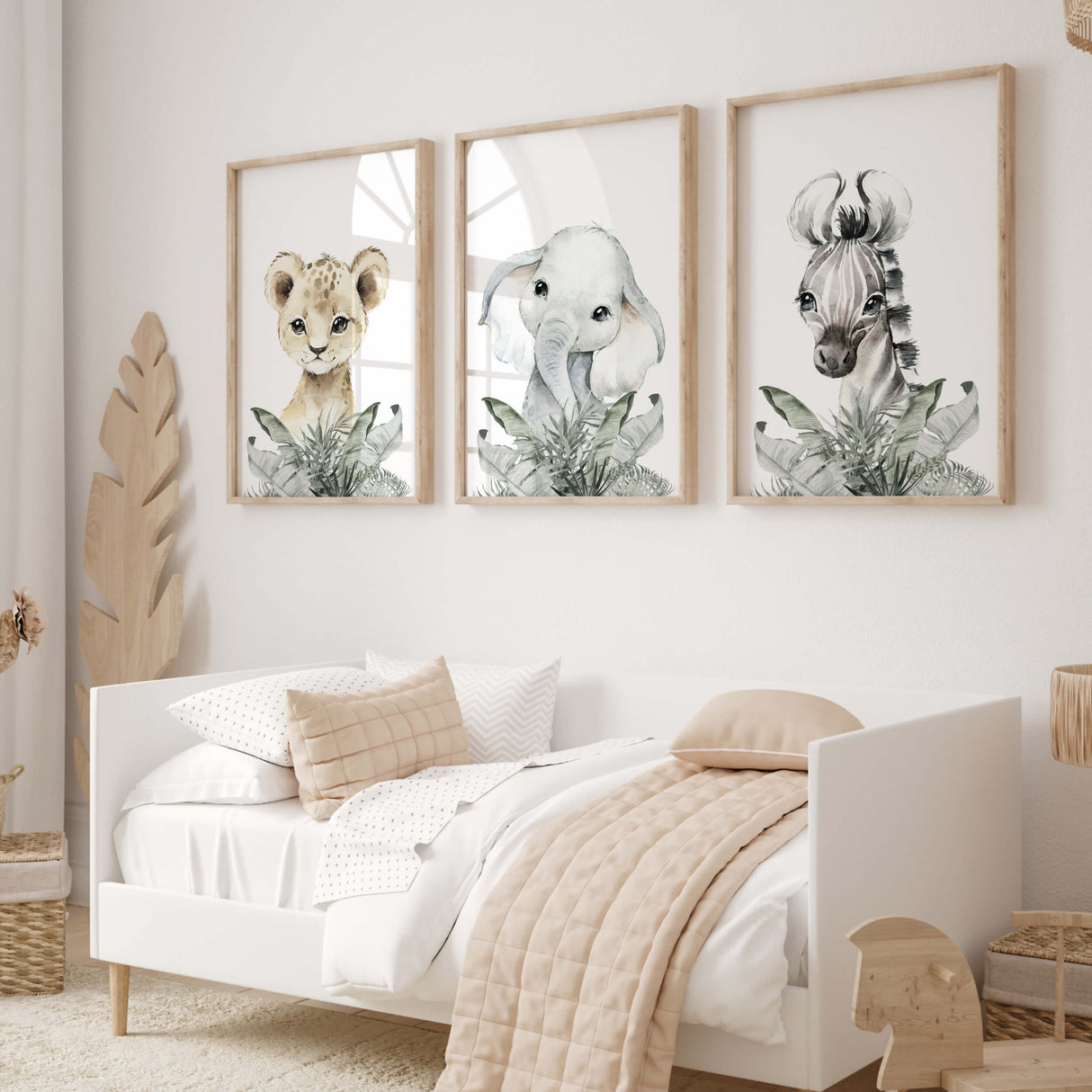 Watercolor safari animal with leaves poster  beige, gray, sage green colors for gender neutral nursery decor, boho nursery decor, baby boys room decor, baby girls room decor, animals: lion, elephant,zebra.