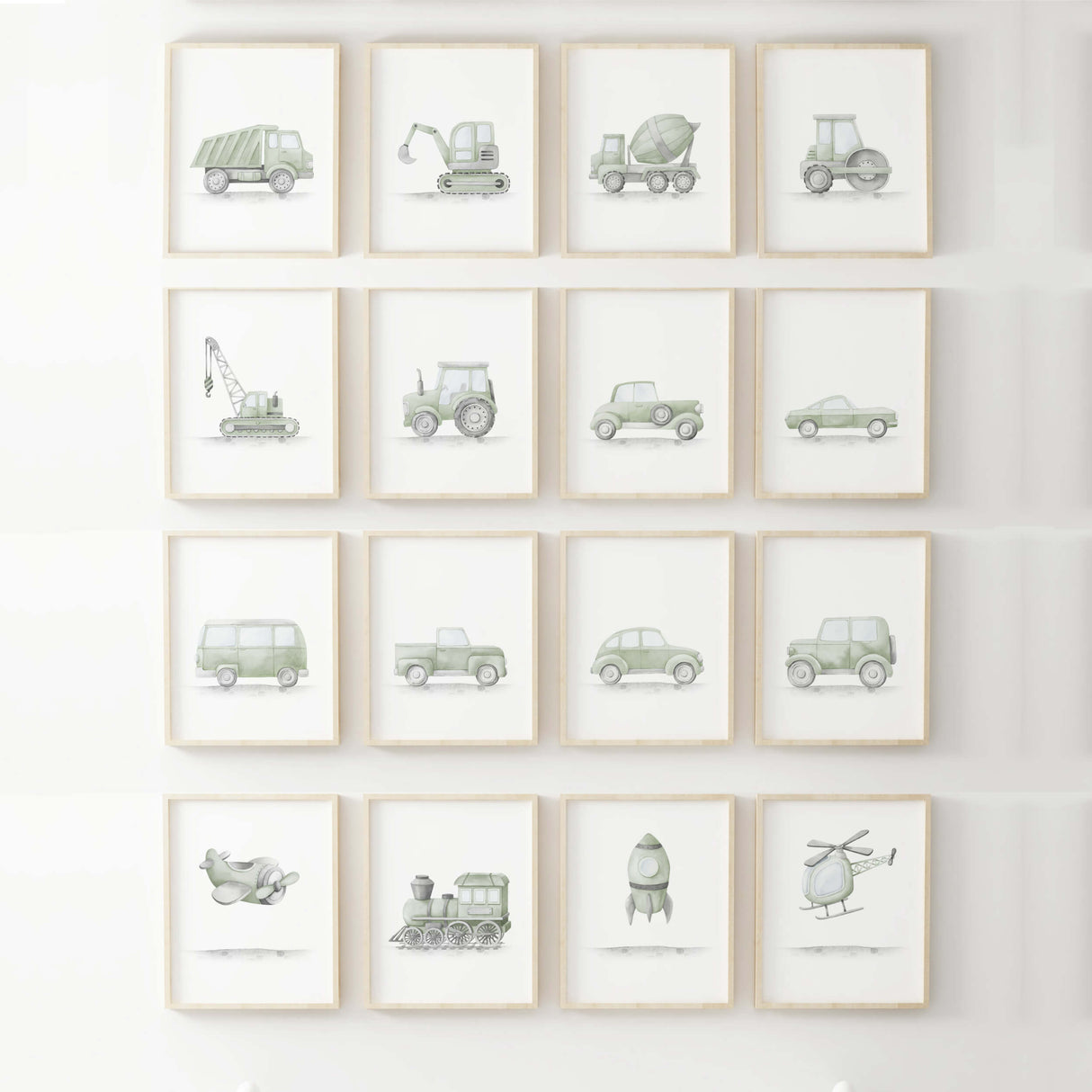 Watercolor sage green transport print with construction vehicle (dump truck, digger, crane, road roller, tractor, vintage cars, train, airplane, helicopter, airship print for baby boys room decor, toddler room decor.