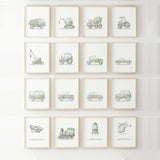 Watercolor sage green transport print with construction vehicle (dump truck, digger, crane, road roller, tractor, vintage cars, train, airplane, helicopter, airship print for baby boys room decor, toddler room decor.