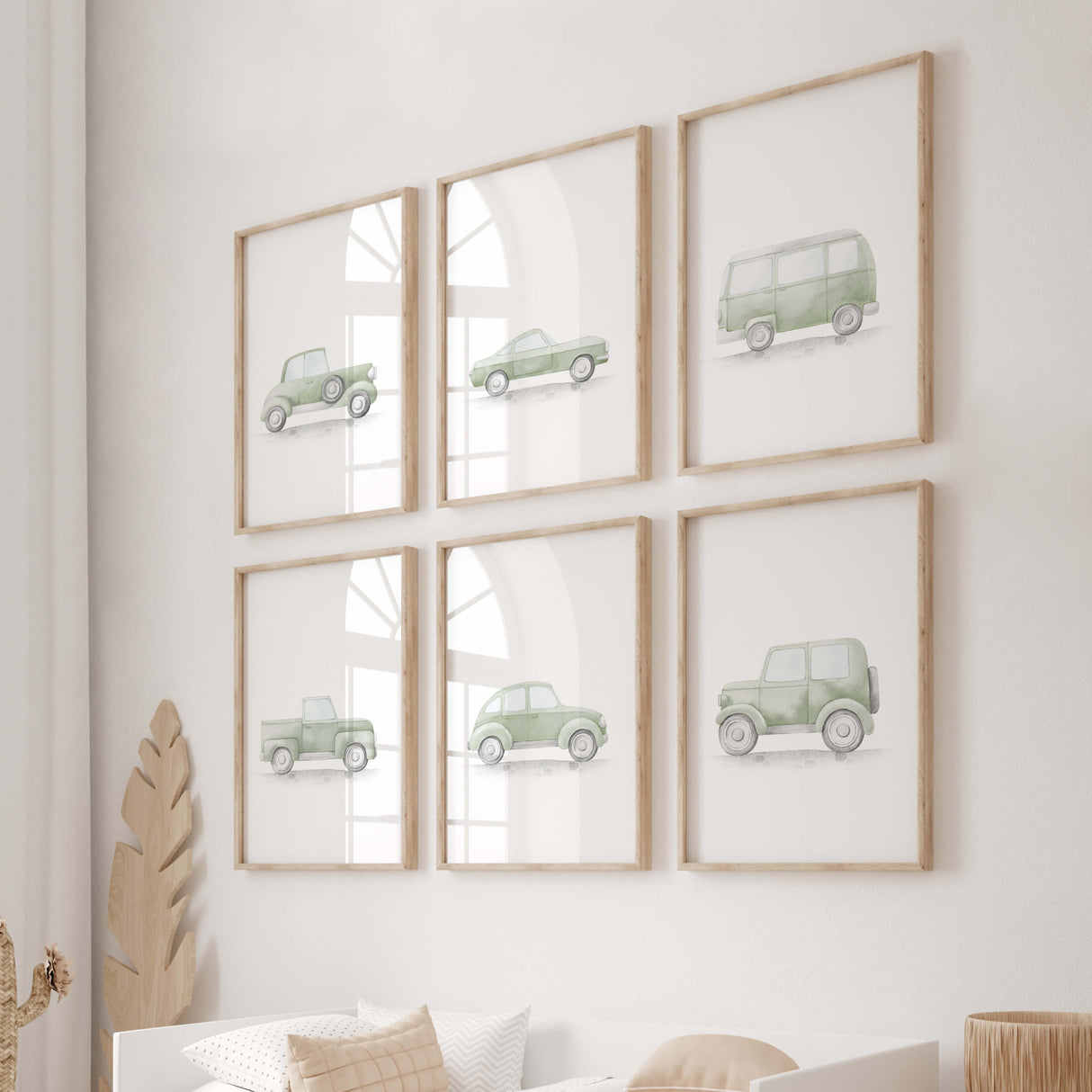 Watercolor sage green transport print with vintage cars for toddler room decor and baby boys room decor, sage green nursery decor, sage green kids room decor.