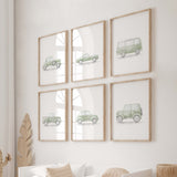 Watercolor sage green transport print with vintage cars for toddler room decor and baby boys room decor, sage green nursery decor, sage green kids room decor.