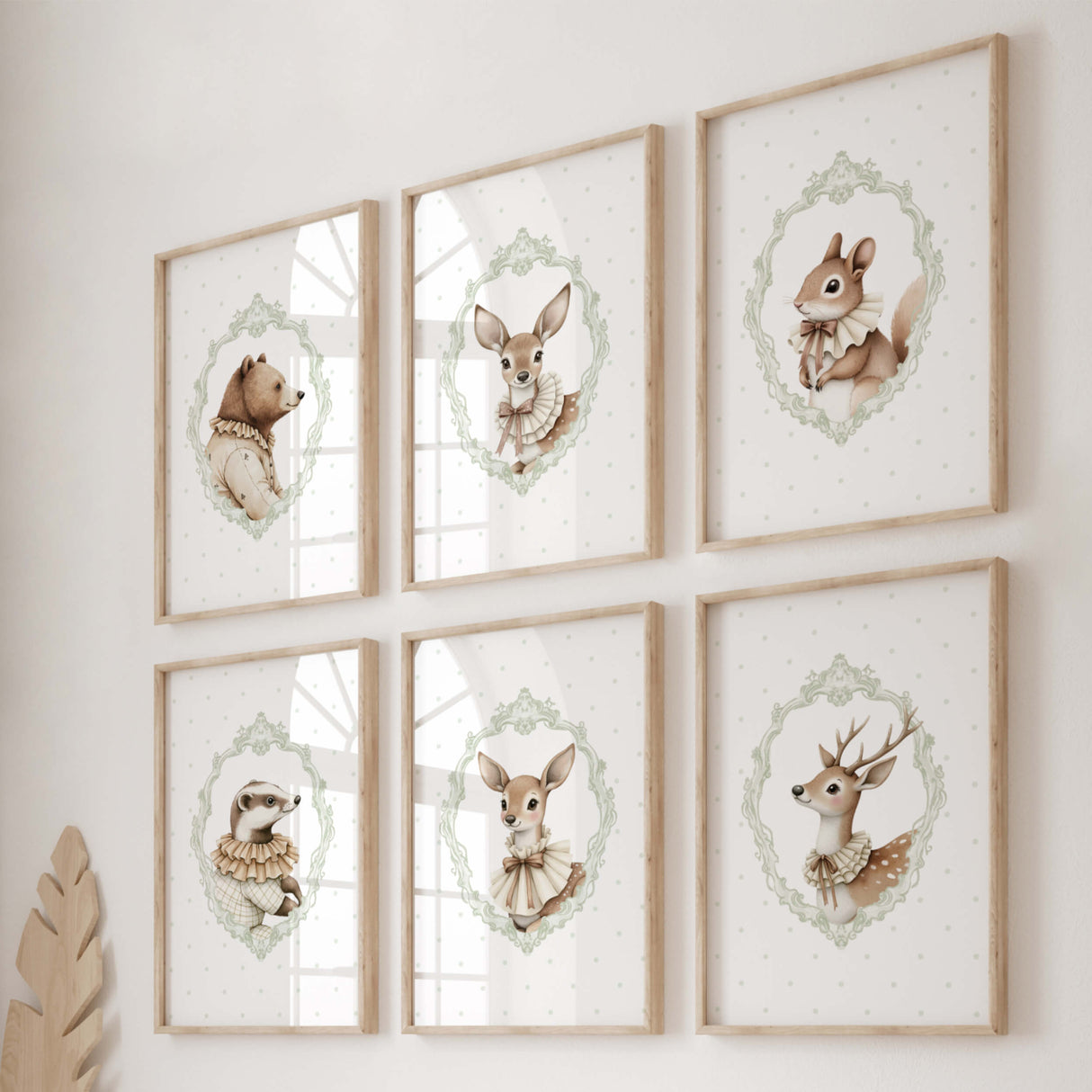 Watercolor sage green vintage animal with sage green polka dots background print for gender neutral nursery decor, victorian nursery decor, beige white nursery decor, rococo nursery decor, luxury nursery decor, baroque nursery decor, includes forest animals: deer, bear, squirrel, badger.