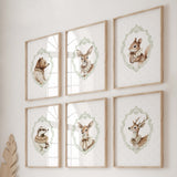 Watercolor sage green vintage animal with sage green polka dots background print for gender neutral nursery decor, victorian nursery decor, beige white nursery decor, rococo nursery decor, luxury nursery decor, baroque nursery decor, includes forest animals: deer, bear, squirrel, badger.