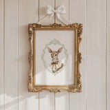 Watercolor sage green vintage deer with sage green polka dots background orint for gender neutral nursery decor, victorian nursery decor, beige white nursery decor, rococo nursery decor, luxury nursery decor, baroque nursery decor.
