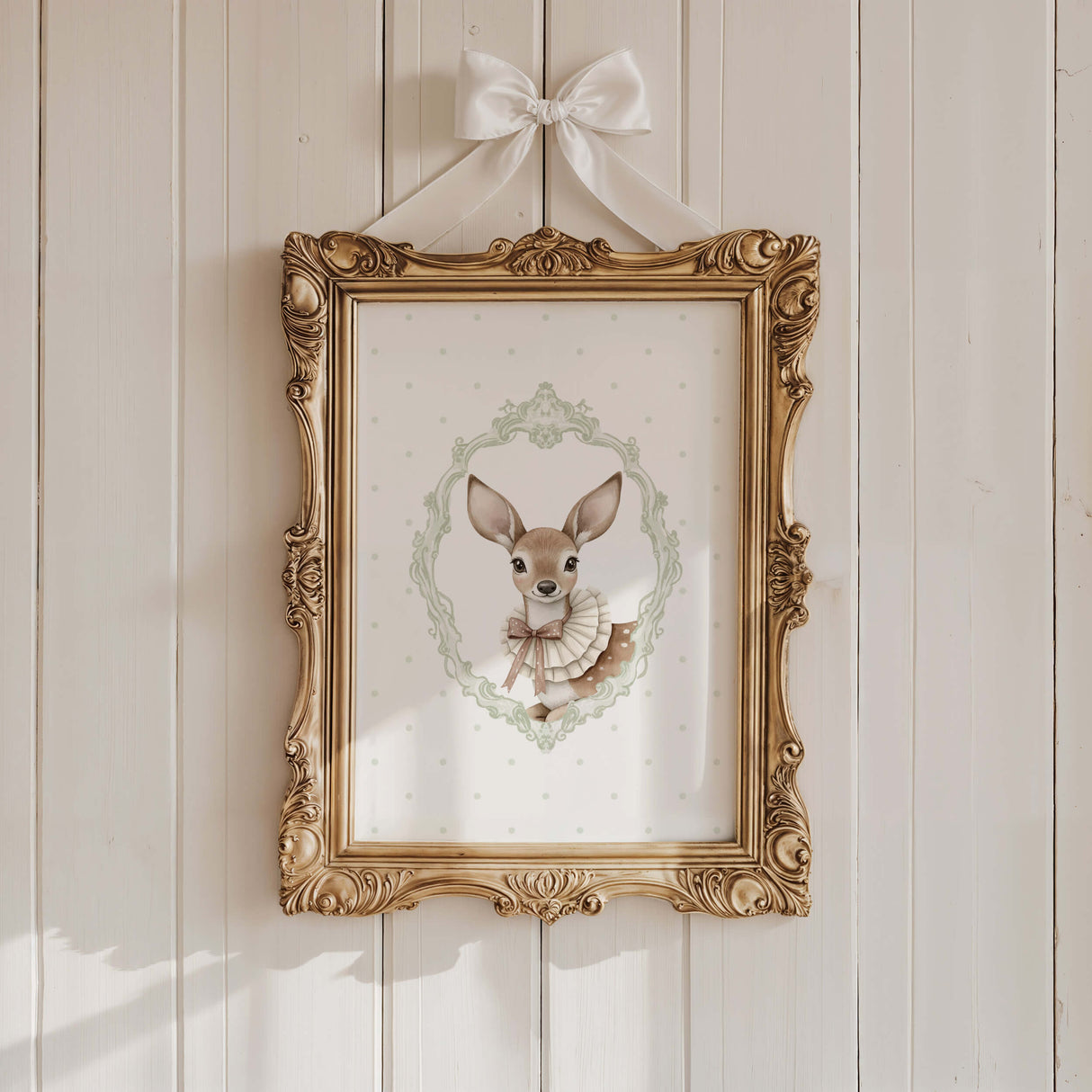 Watercolor sage green vintage deer with sage green polka dots background poster for gender neutral nursery decor, victorian nursery decor, beige white nursery decor, rococo nursery decor, luxury nursery decor, baroque nursery decor.