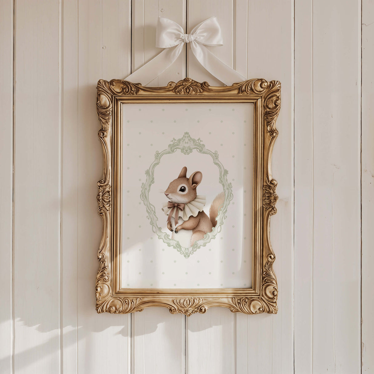 Watercolor sage green vintage deer with sage green polka dots background poster for gender neutral nursery decor, victorian nursery decor, beige white nursery decor, rococo nursery decor, luxury nursery decor, baroque nursery decor, sage green nursery decor.