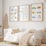 Watercolor truck and tractor prints set of 3 wall art for kids room.