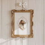 Watercolor vintage bear portrait with gray baroque crest print for gender neutral nursery decor, victorian nursery decor, beige white nursery decor, rococo nursery decor, luxury nursery decor, brown gray nursery decor, beige gray nursery decor, baroque nursery decor.