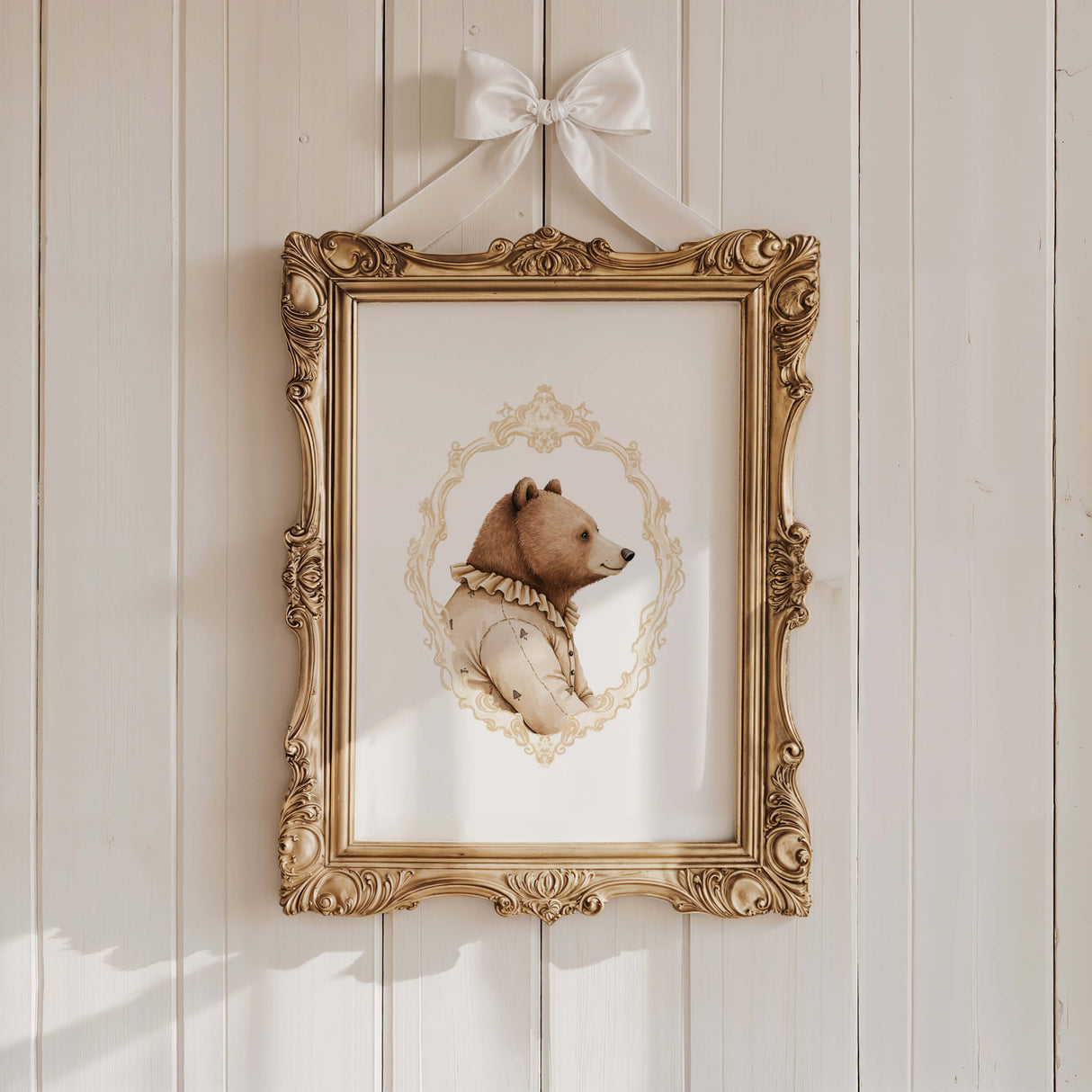 Watercolor vintage bear portrait with yellow baroque crest print for gender neutral nursery decor, victorian nursery decor, beige white nursery decor, rococo nursery decor, luxury nursery decor, baroque nursery decor.