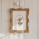Watercolor vintage woodland animal portrait with gray baroque crest poster for gender neutral nursery decor, victorian nursery decor, beige white nursery decor, rococo nursery decor, luxury nursery decor, brown gray nursery decor, beige gray nursery decor, baroque nursery decor, includes animals: deer, bear, squirrel, badger.