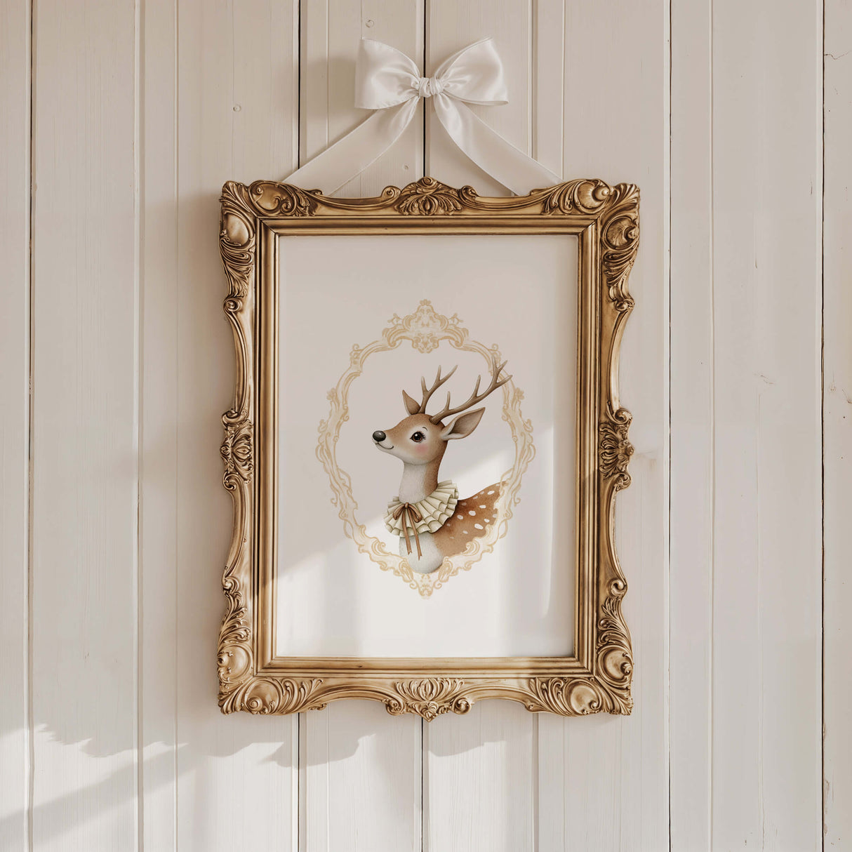 Watercolor vintage deer portrait with yellow baroque crest print for gender neutral nursery decor, victorian nursery decor, beige white nursery decor, rococo nursery decor, luxury nursery decor, baroque nursery decor.