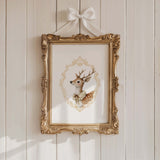 Watercolor vintage deer portrait with yellow baroque crest print for gender neutral nursery decor, victorian nursery decor, beige white nursery decor, rococo nursery decor, luxury nursery decor, baroque nursery decor.