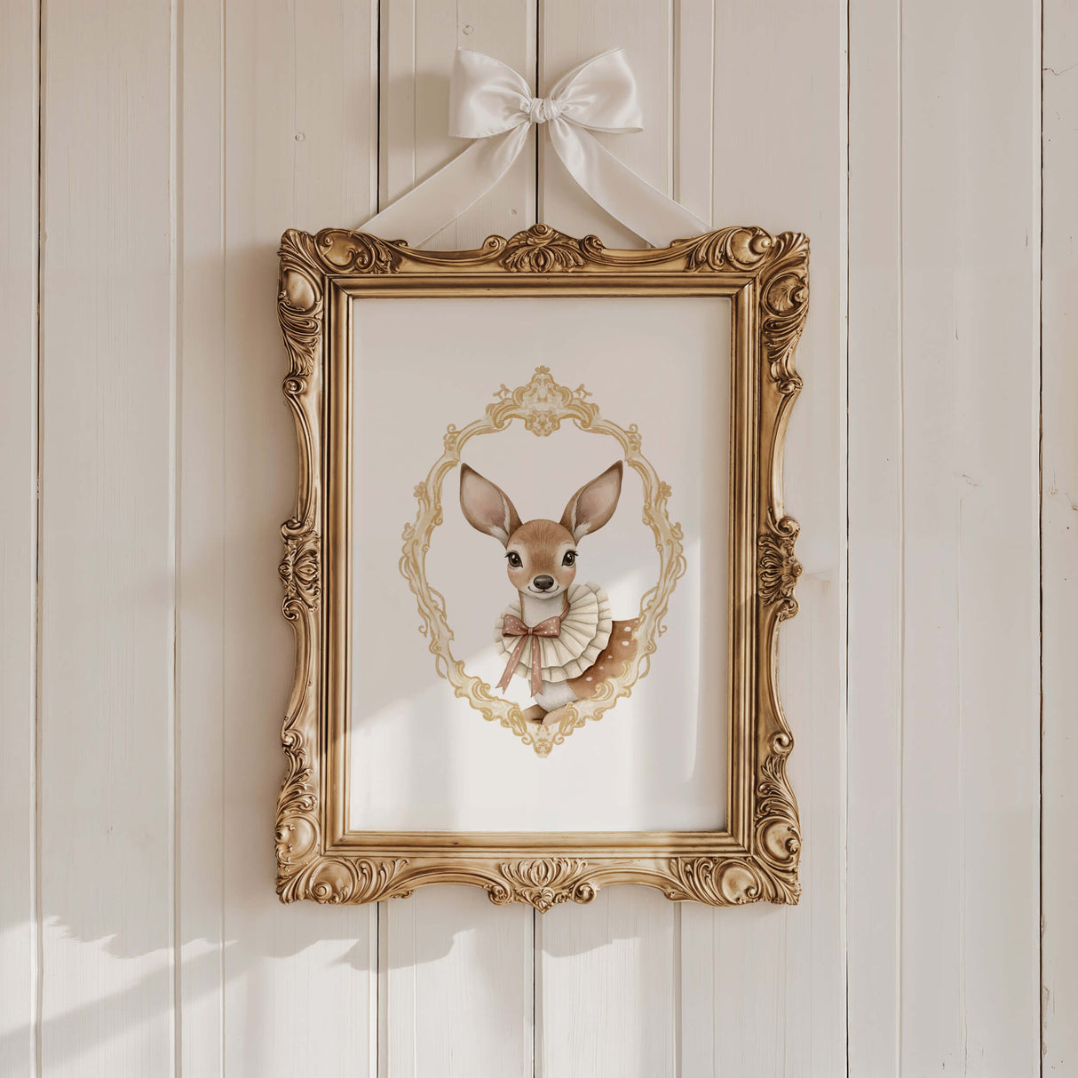 Watercolor vintage doe portrait with gold baroque crest print for gender neutral nursery decor, victorian nursery decor, beige white nursery decor, rococo nursery decor, luxury nursery decor, baroque nursery decor.