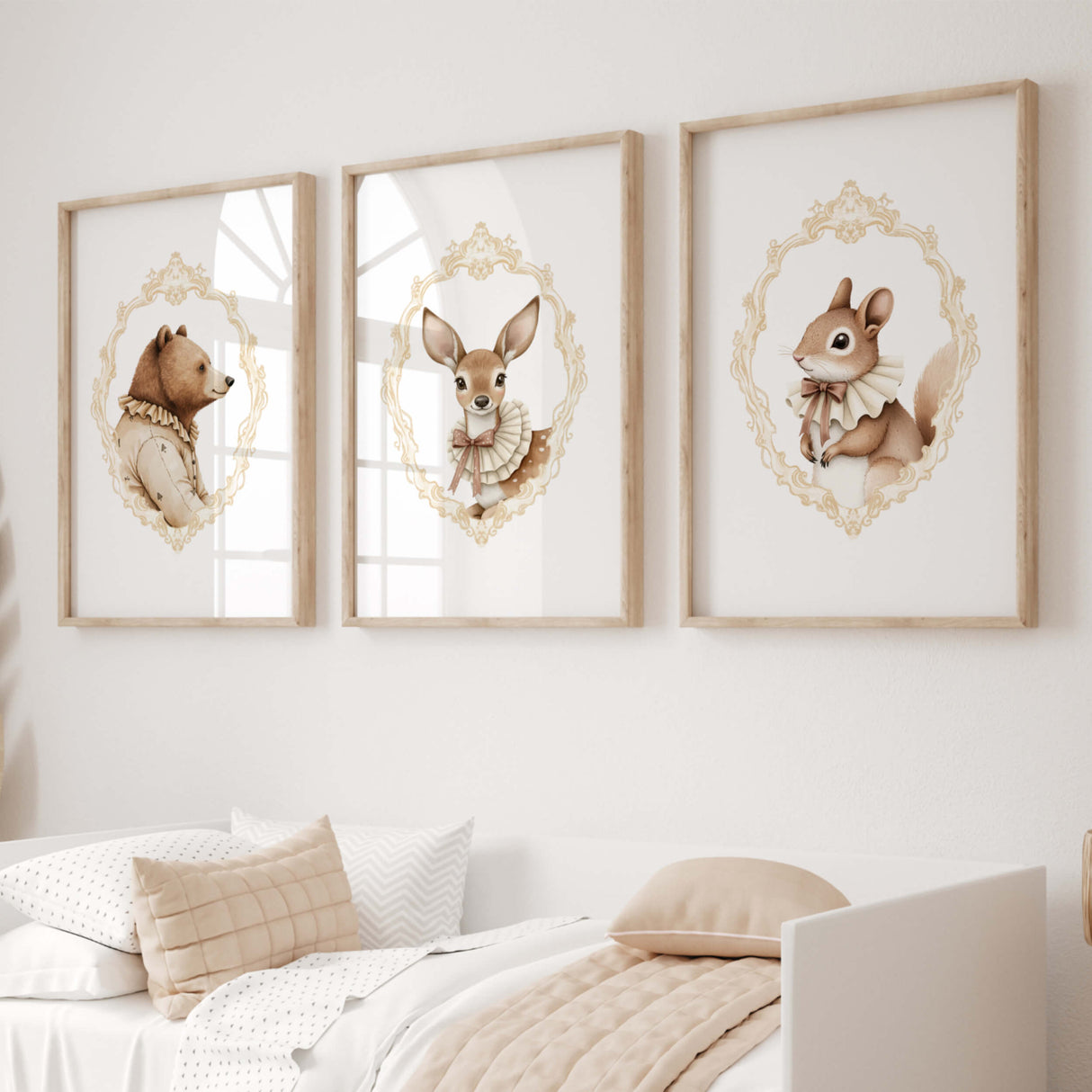 Watercolor vintage forest animal portrait with yellow baroque crest print for gender neutral nursery decor, victorian nursery decor, beige white nursery decor, rococo nursery decor, luxury nursery decor, baroque nursery decor, includes woodland animals: bear, deer, squirrel.