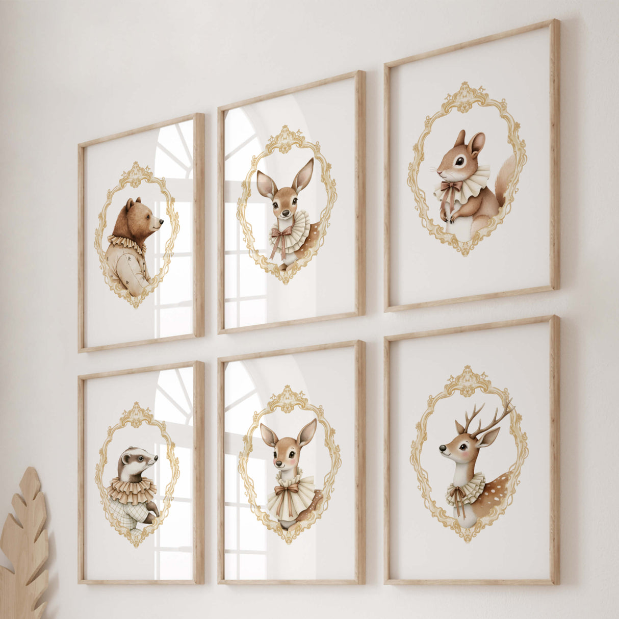 Watercolor vintage woodland animal portrait with gold baroque crest print for gender neutral nursery decor, victorian nursery decor, beige white nursery decor, rococo nursery decor, luxury nursery decor, baroque nursery decor, includes animals: deer, bear, squirrel, badger.