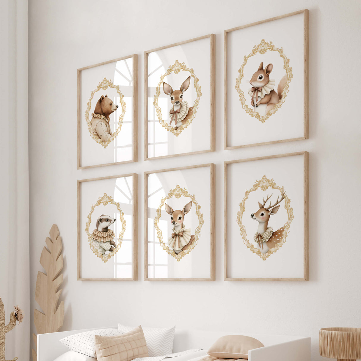 Watercolor vintage woodland animal portrait with gold baroque crest printable for gender neutral nursery decor, victorian nursery decor, beige white nursery decor, rococo nursery decor, luxury nursery decor, baroque nursery decor, includes animals: deer, bear, squirrel, badger.