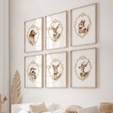 Watercolor vintage woodland animal portrait with gold baroque crest printable for gender neutral nursery decor, victorian nursery decor, beige white nursery decor, rococo nursery decor, luxury nursery decor, baroque nursery decor, includes animals: deer, bear, squirrel, badger.