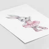 Watercolor bunny ballerina printable in gray, pink colors for baby girls room decor, pink nursery decor, gray nursery decor.