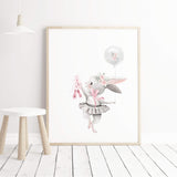 Watercolor bunny ballerina with flower, ribbon, balloon printable in gray, pink colors for baby girls room decor, pink nursery decor, gray nursery decor.