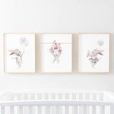 Watercolor bunny ballerina with flower, ribbon, balloon printable in gray, pink colors for baby girls room decor, pink nursery decor, gray nursery decor.