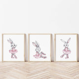 Watercolor bunny ballerina poster in gray, pink colors for baby girls room decor, pink nursery decor, gray nursery decor.