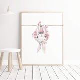 Watercolor bunny ballerina with flower, ribbon, balloon poster in gray, pink colors for baby girls room decor, pink nursery decor, gray nursery decor.