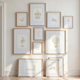 Whimsical blue nursery artwork bundle with carousel animals and matching alphabet letter posters