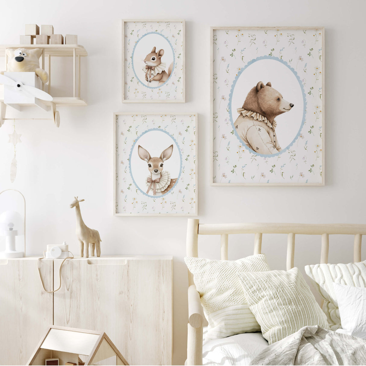 Whimsical woodland animal illustrations of a bear, deer, and squirrel in a nursery printable set with a floral background, perfect for gender-neutral baby room decor.